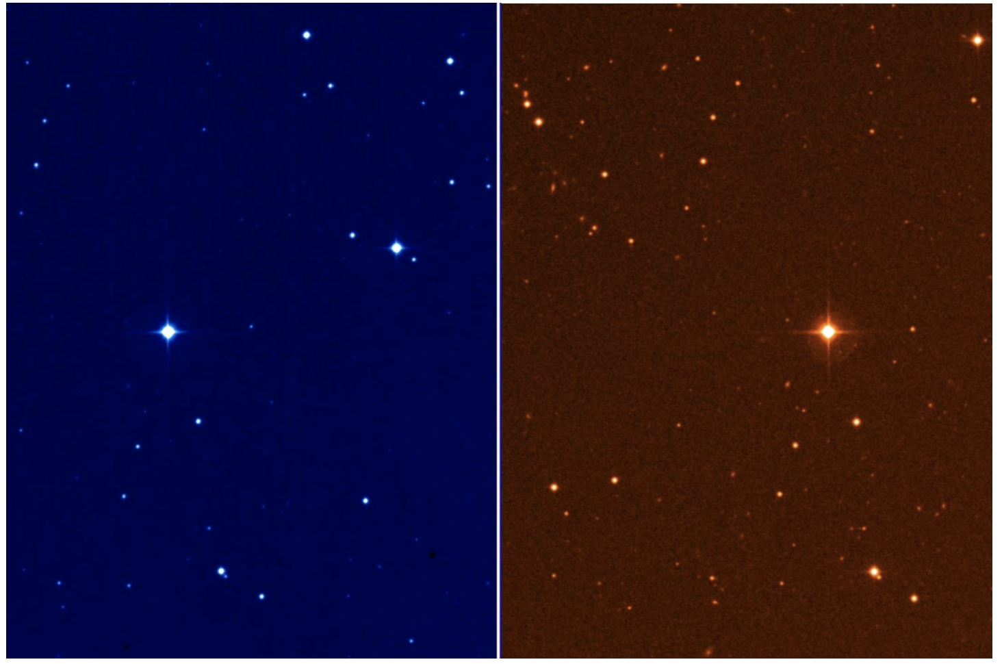 Image double du champ d'étoiles de Gl 410, l'une dans un filtre bleu, l'autre dans un filtre rouge.