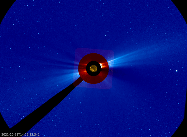 Ejection de masse coronale du soleil vu par SOHO le 28 octobre 2021 (Crédits ESA, NASA). Coronal mass ejection on 28 October 2021 article
