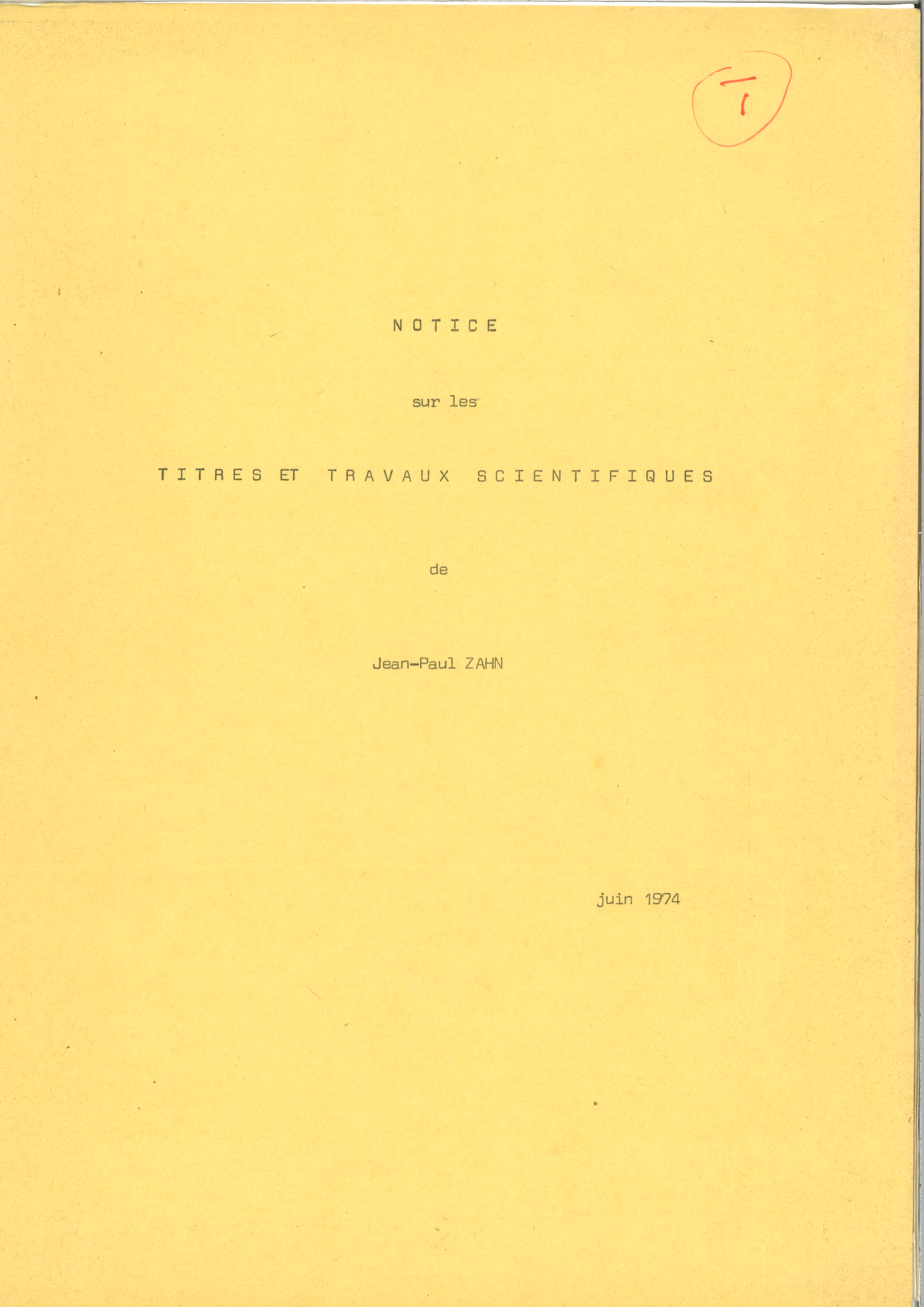 OCA NI 011089 W238 J.P.ZHAN notice titres travaux 1974